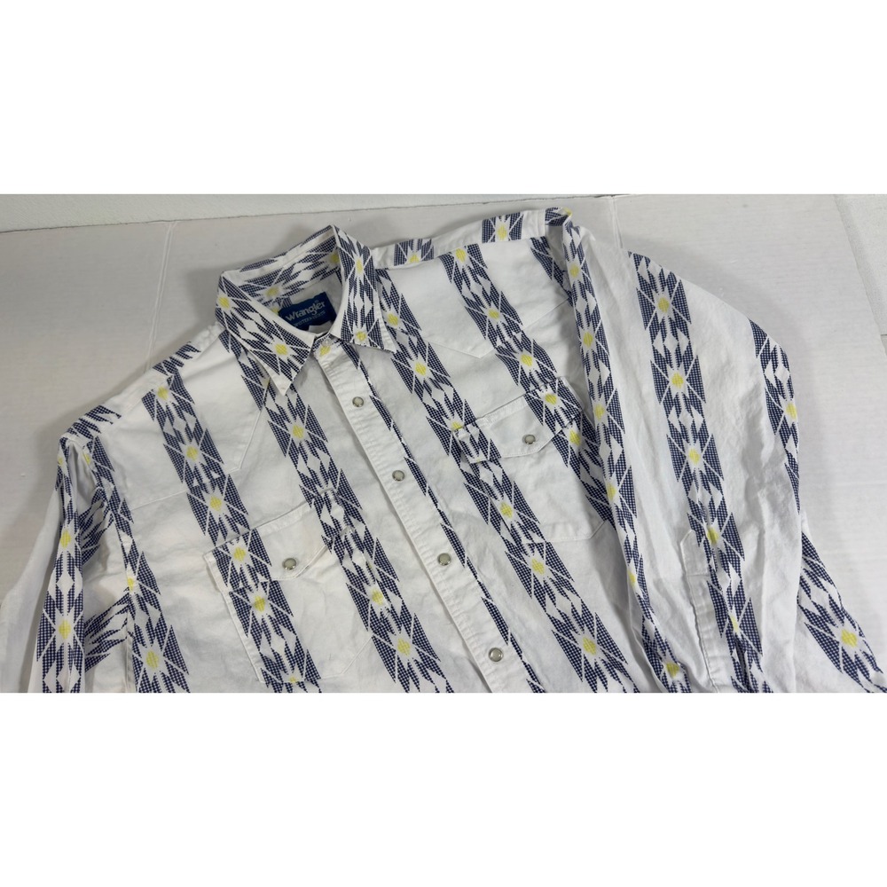 Wrangler Button Up Western Shirt Mens XL White Navy Yellow Geometric Pearl Snap